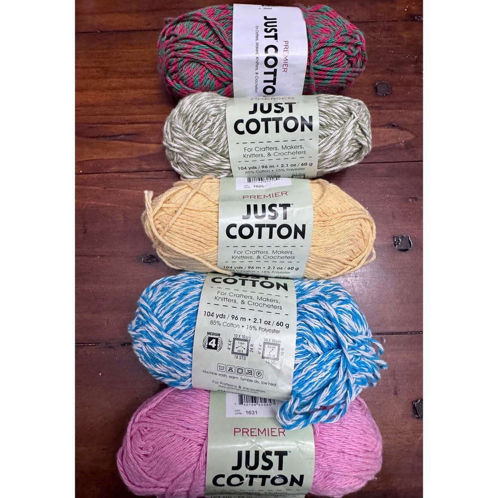 Premier Just Cotton Yarn 5 Skeins Medium 4 Worsted 85% Cotton Blend‎ 520 Yards